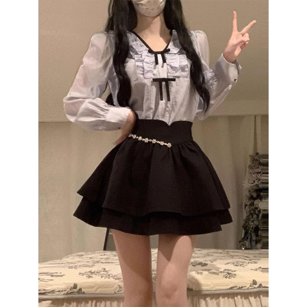 Sweet Elegant Shirt Skirt Two-Piece Set for Women New Spring and Autumn Design College Casual Fashion Hot Girl Suit