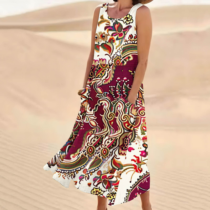 Cross-Border Women's Clothing 2024 Summer New Digital Print Simple Sleeveless Long Dress, Available for Wholesale Starting from One Piece