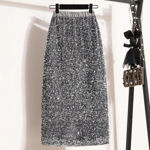 Large size slightly fat MM sequined skirt for women's spring new style high-end shiny high-waist mid-long skirt