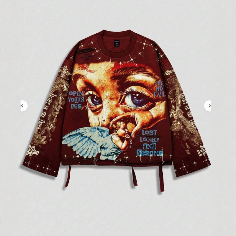 High Street Dark Style Angel Print Sweatshirt, Unisex Vintage Distressed Loose Round Neck Long Sleeve Top Wholesale