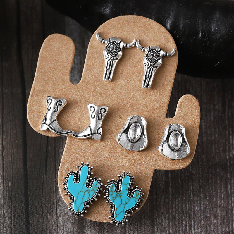 1 Set Cowboy Style Modern Style Classic Style Cactus Hat Boots Plating Inlay Zinc Alloy Turquoise Ear Studs display picture 4