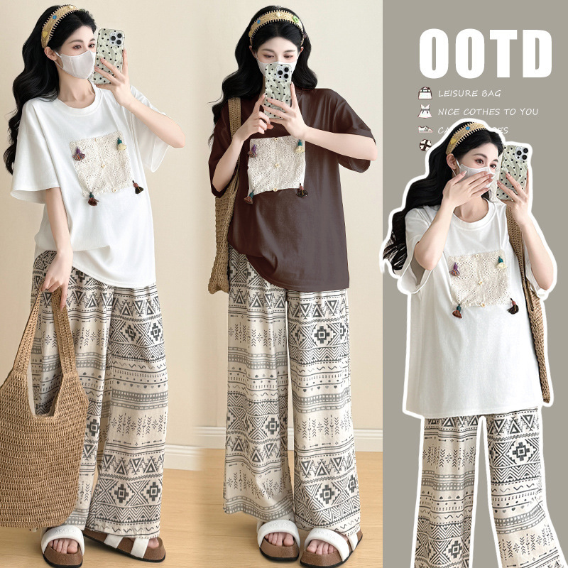 Maternity Suit, Lazy Style Loose Short-Sleeved Top, Bohemian Ethnic Style Wide-Leg Pants, New Summer Two-Piece Set