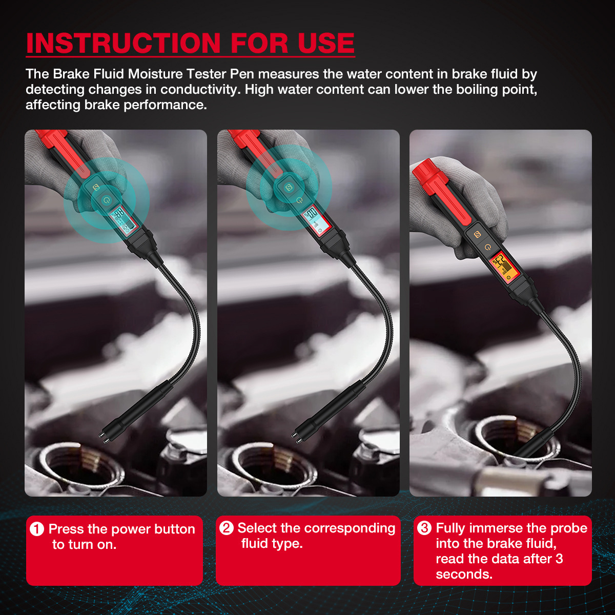 Huabo Ht663L Brake Fluid Tester for Auto Repair Shops, Universal Automotive Tester with Extended Probe, Deep Oil Pot, High Precision
