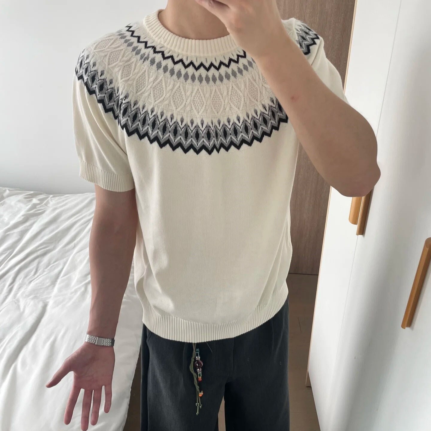 Isla de Fair camiseta de punto de manga corta camiseta de cuello redondo jacquard hombre viejo estilo casual hielo de verano fábrica transfronteriza mayorista
