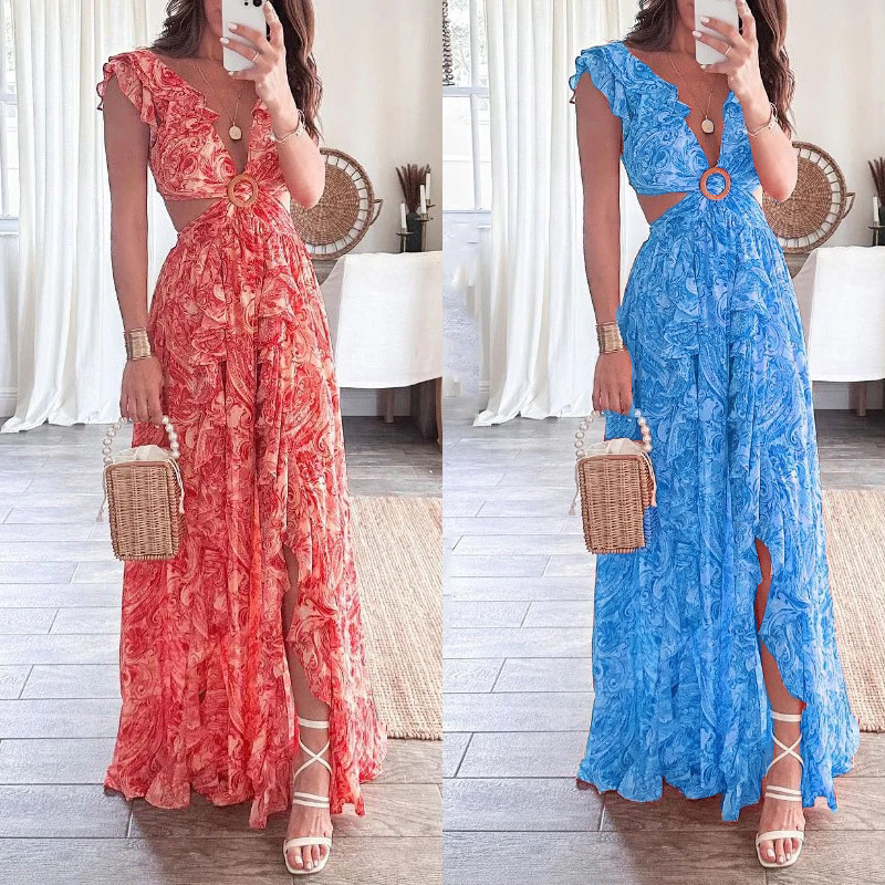 2023 아마존 유럽과 미국 여름 새로운 여성의 패션 섹시 슬림 핏 가슴 랩 인쇄 긴 분할 원피스