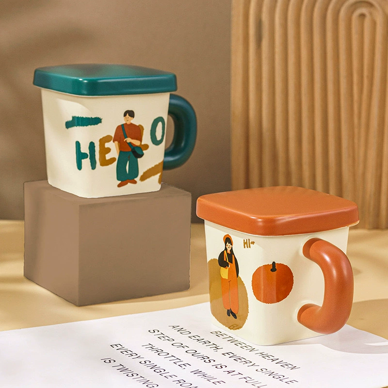 DIY кремовый клей квадратная пара кружка ceramic пара чашка с крышкой подарок милый ретро мальчик и девочка
