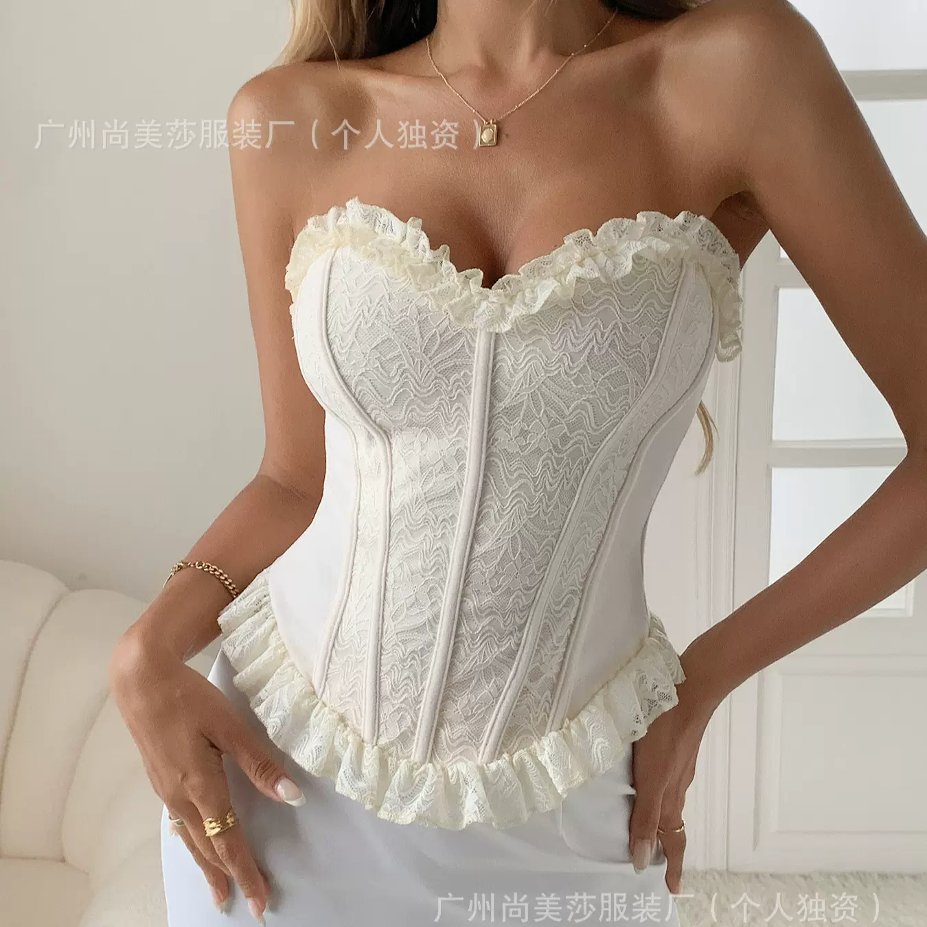 跨境欧美纯欲风辣妹小众高级感蕾丝拼接可束腰显瘦抹胸上衣女外穿