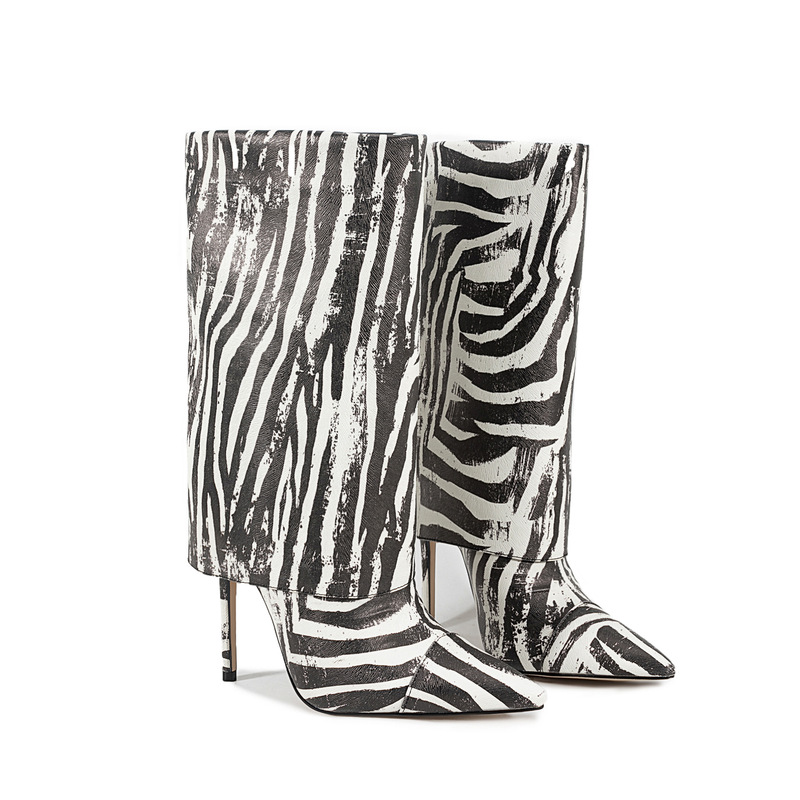 European and American Style Super High Heels Black and White Wide Knee Boots Zebra Pattern
