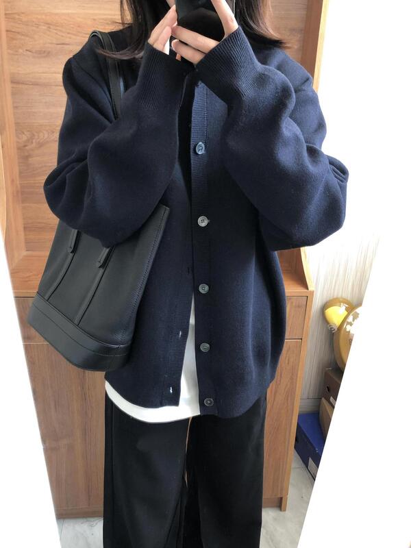 国潮搭藏青色针织衫开衫女春秋宽松慵懒风别致休闲百搭外套上衣潮|undefined