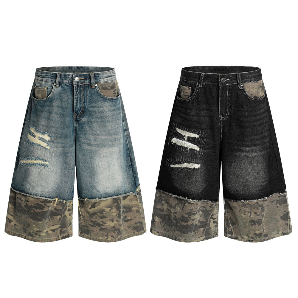 Pantaloncini di jeans camo patchwork da uomo effetto distressed_voghion.com