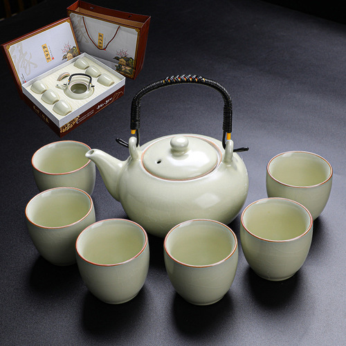 Honey-colored Ge Kiln Lift Lift Pot Kung Fu Tea Set Household Ceramic Large Teapot Teacup Opening Gift Wholesale