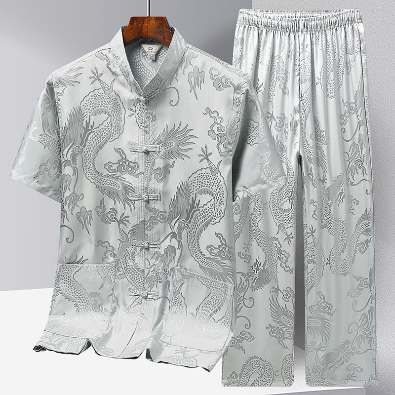 冰丝短袖衬衫套装中老年人新中式汉服爸爸爷爷晨练太极服夏厂家