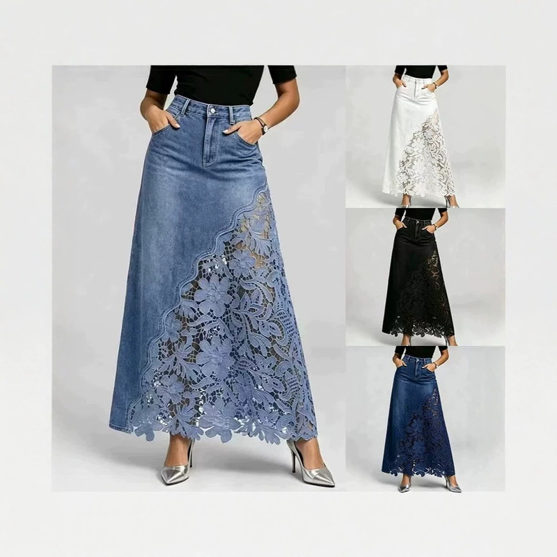 Bohemian style high-waisted washed denim long skirt with hollow lace splicing and A-line design, elegant and slimming Bohemian style high-waisted washed denim long skirt with hollow lace splicing and A-line design, elegant and slimming