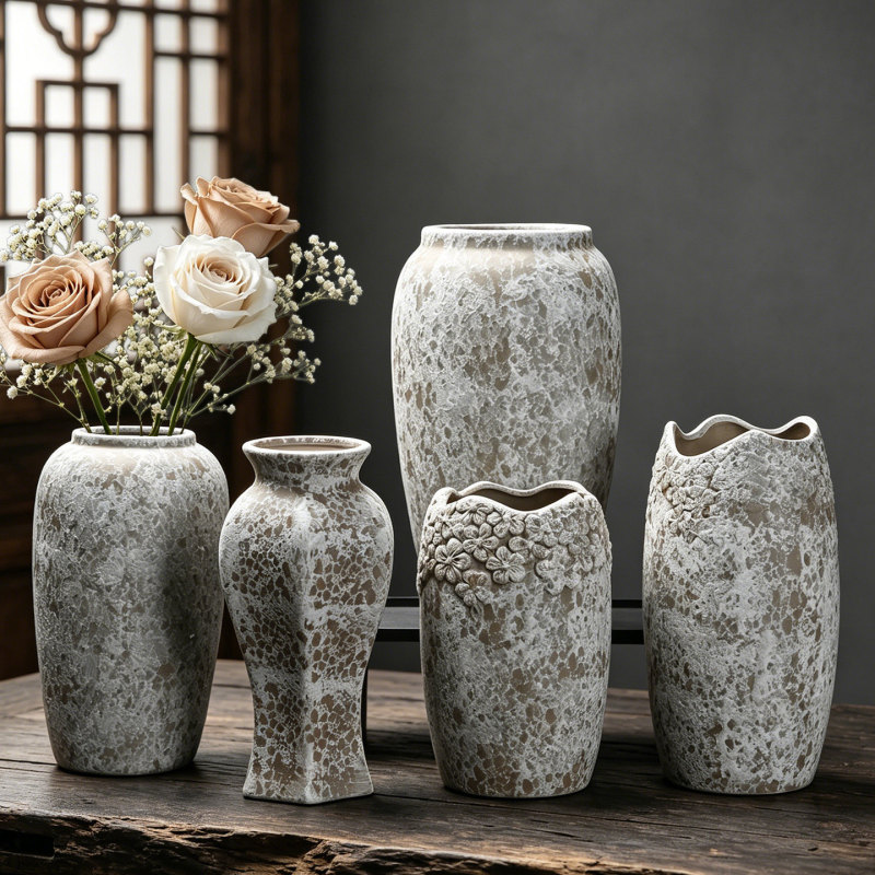 Vintage Rustic Pottery Vase Set with Preserved Flowers and Dried Flowers, Wabi-Sabi Style, for Living Room Tabletop Decoration, Homestay Decor, Flower Arrangement Vintage Rustic Pottery Vase Set with Preserved Flowers and Dried Flowers, Wabi-Sabi Style, for Living Room Tabletop Decoration, Homestay Decor, Flower Arrangement