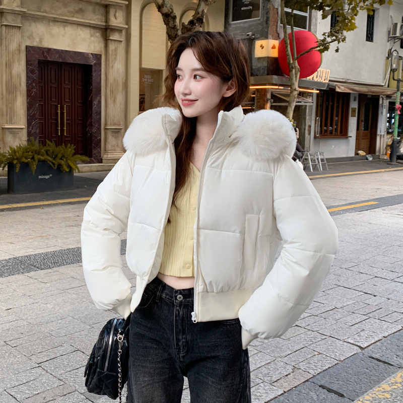 탈모 가능 하이웨이스트 큰 털넥 후드 짧은 면복 외투 여자 겨울 신상 면저