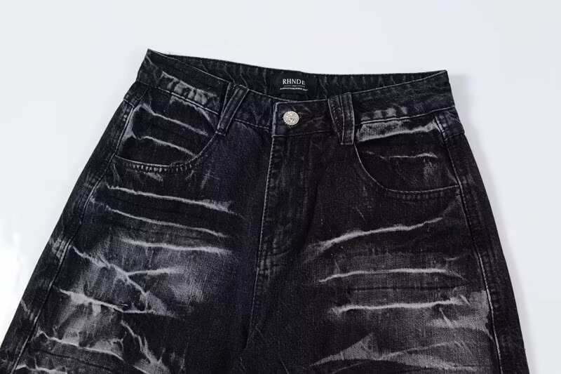 Herreklær retro vide jeans med design med vannmerker i svart og grå, løse og smale, avslappede moppebukser_voghion.com