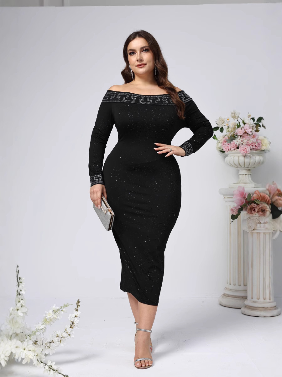 Transfronterizos europeos y estadounidenses de mujer tamaño grande nuevo temperamento sexy de hombro de manga larga delgada taladro caliente vestido de cadera