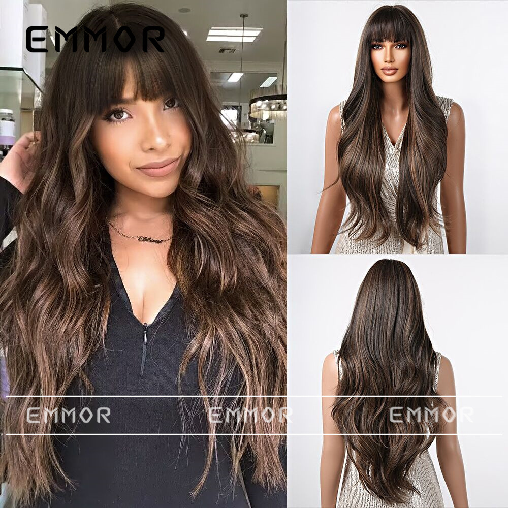 Estilo europeo y americano estilo clásico peluca para las mujeres nuevo estilo flequillo Pelo Largo fuera rizado temperamento moda todo superior fibra química peluca