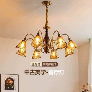 法式中古客厅吊灯珀光新款美拉德复古实木主卧室餐厅玻璃卧室吊灯