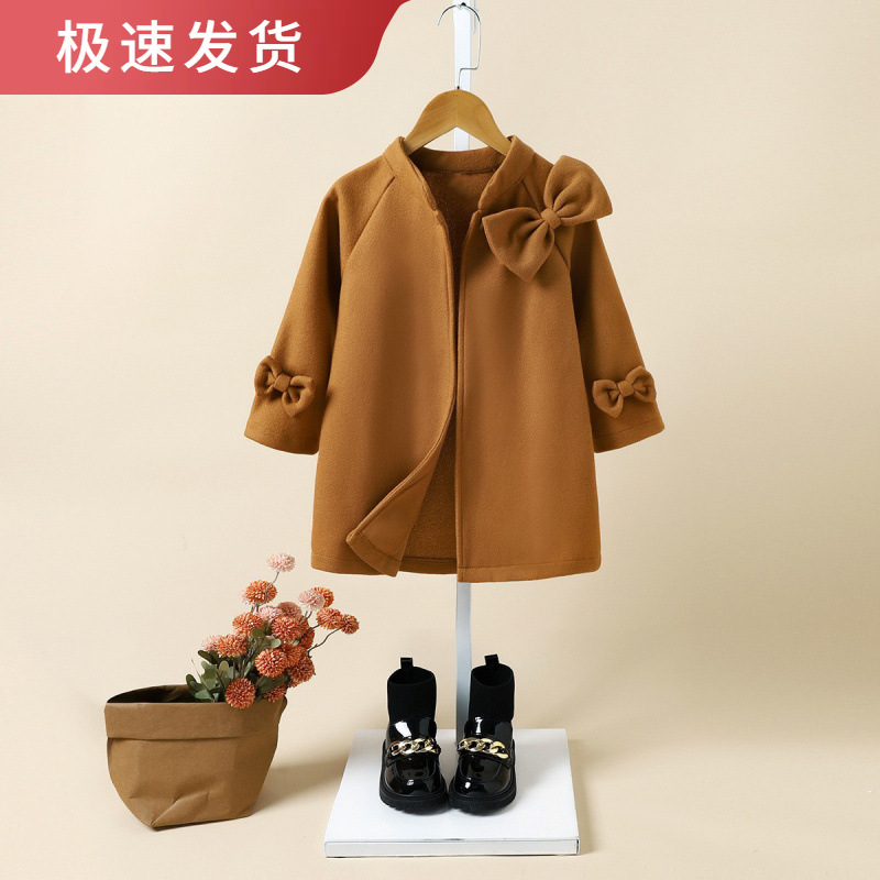宝薪童装外贸韩版秋冬女中童立领呢子大衣时髦英伦夹克蝴蝶结外套