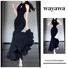 风中式盘扣步步生莲鱼尾连衣裙气质夏季新款修身旗袍清新长裙子