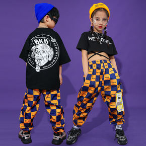 Girls yellow plaid hip hop dance costumes jazz street dance wear boys hip-hop rapper singers gogo dancers dance outfits set girls