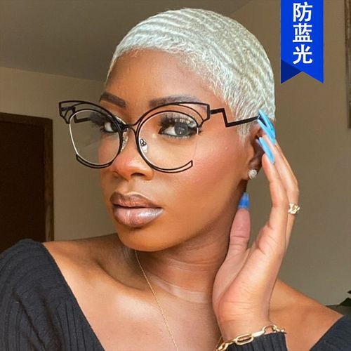 Folding curved legs cat-eye large frame hollow flat mirror  new metal glasses frame ins concave shape anti-blue light