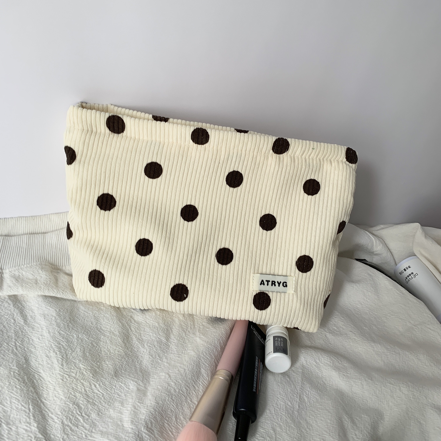 Bolsa de cosméticos de pana de lunares de lona transfronteriza, almacenamiento de cara sonriente, bolso de mano de lavado, llave, billetera móvil, estuche para lápices