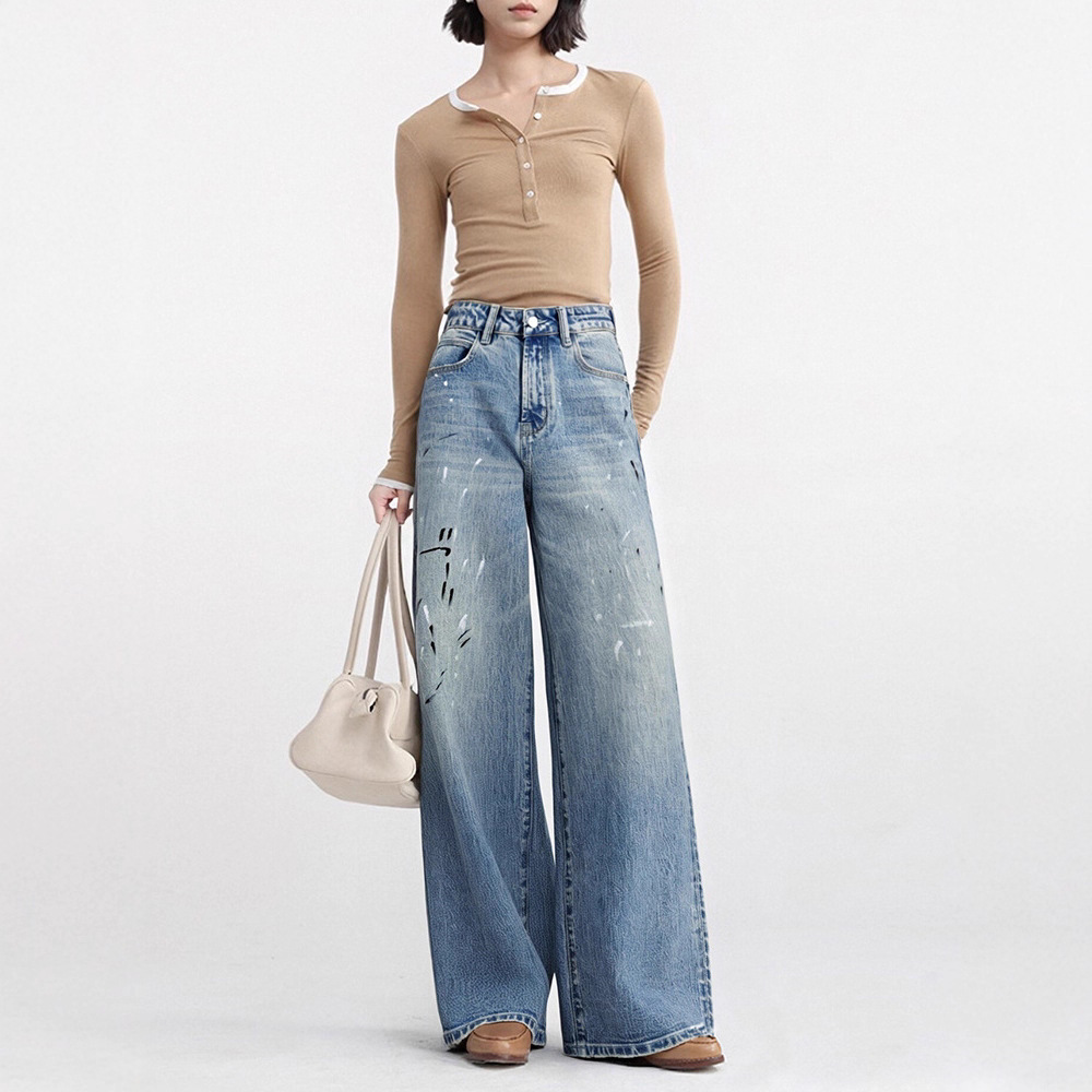 做旧星点泼漆浅蓝牛仔裤—休闲随性2025秋季新款直筒阔腿裤6104