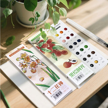 飞乐鸟水彩便签涂色线稿全 花卉书签画笔颜料套装儿童diy中式画本