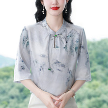 工厂直销现货2025夏季新款新中式国风中袖缎面真丝印花衬衫上衣女