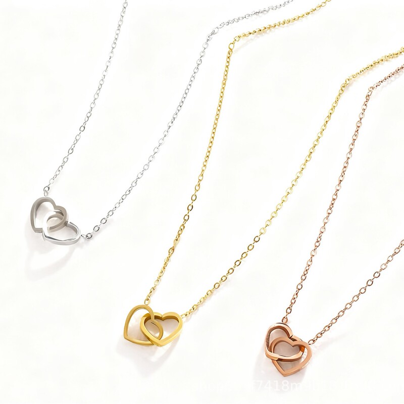 Popular Sweet and Fresh Double Heart Necklace for Girls, Versatile Clavicle Chain, Stainless Steel Necklace, Heart-Shaped Pendant Chain Popular Sweet and Fresh Double Heart Necklace for Girls, Versatile Clavicle Chain, Stainless Steel Necklace, Heart-Shaped Pendant Chain