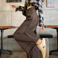 棕咖色宽松翻边牛仔奶奶裤女装2025秋季新款小个子高腰直筒阔腿裤