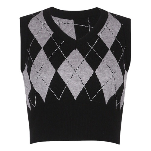 American retro contrasting diamond knitted vest vest for women  new college style V-neck sleeveless top