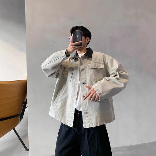 Chic Vintage PU Leather Collar-Padded Work Jacket with Distressed Denim Strips, Loose and Stylish Men's Pullover Jacket