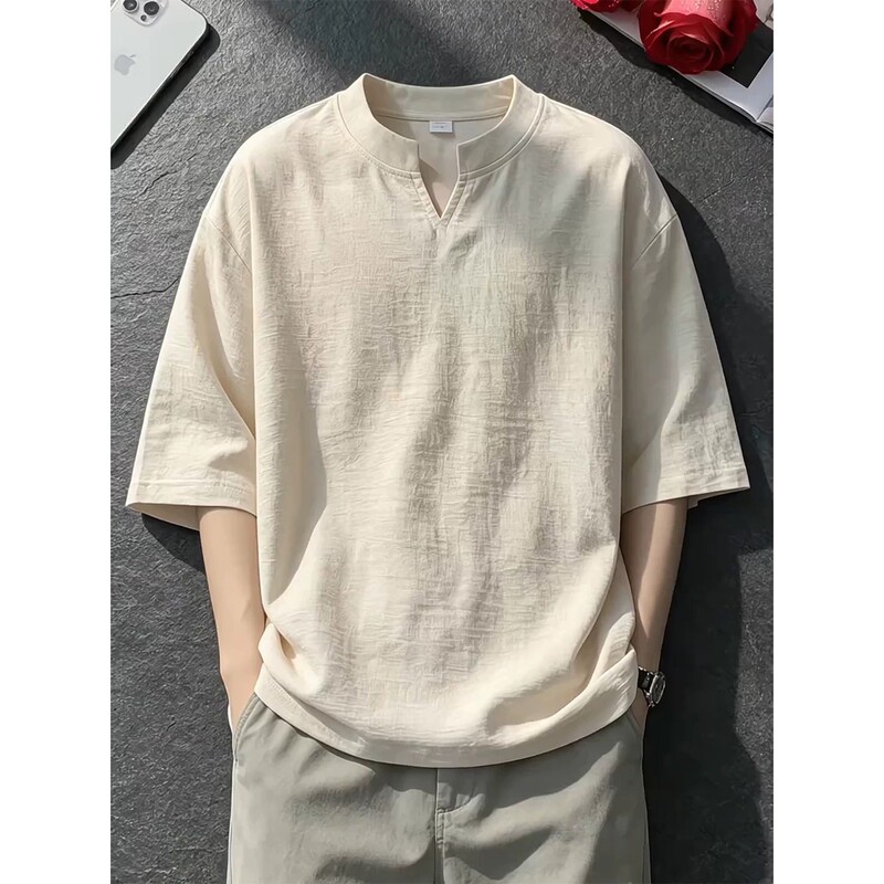 Apricot-Colored Imitation Linen V-Neck Short-Sleeve Men's Summer Thin Ice Silk Breathable T-Shirt with Textured Lyocell Tencel Fabric