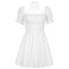 Colored white skirt, fitted brace, mini-skirt, dress, square neckline, backless, A-line