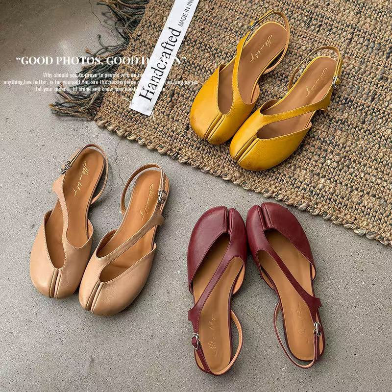 Sandal nữ da trâu chia ngón chân mũi trùm đế bệt — Đỏ (cao 1cm) chi tiết 4