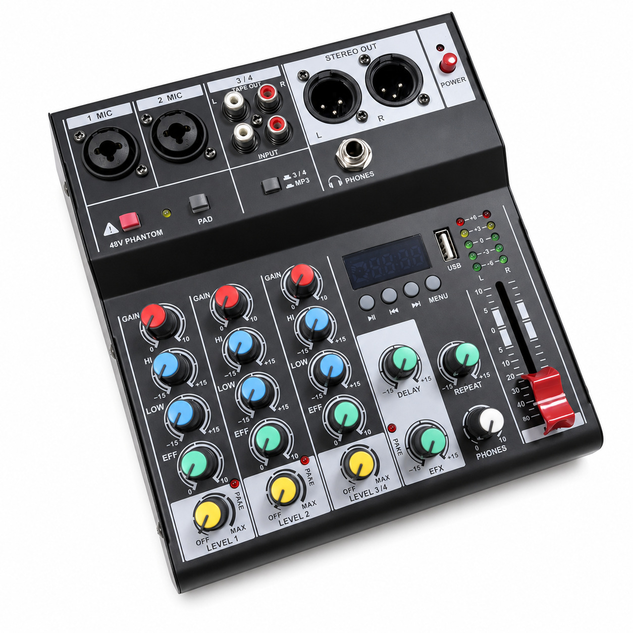 Mini Mezclador de Audio de 4 Canales con Bluetooth, USB, Eco y MP3 para Computadora