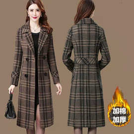 （加绒）毛呢外套女欧美秋冬款长款过膝加厚保暖宽松格子毛呢大衣