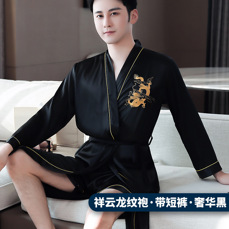 LJ Xiangyun Dragon Pattern Robe - 럭셔리 블랙 벨트 반바지