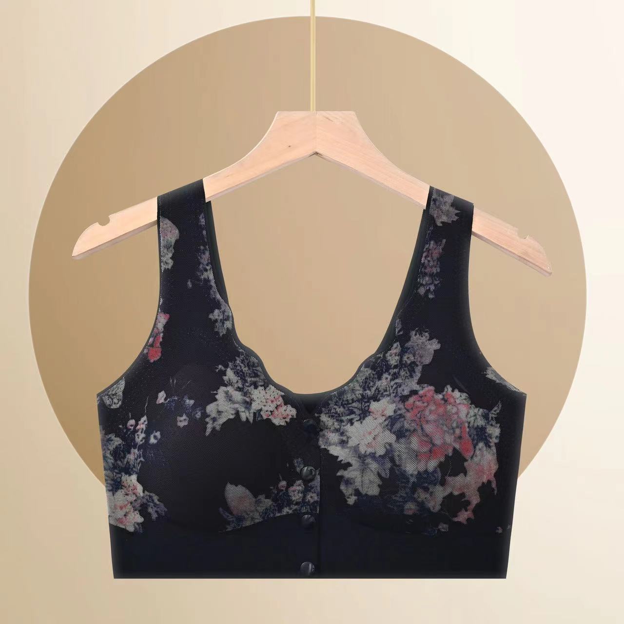 Mamá botón frontal impresa sin marca ropa interior suave sin anillo de acero se reúne para cerrar el pecho de verano delgado de espalda belleza sujetador mujer