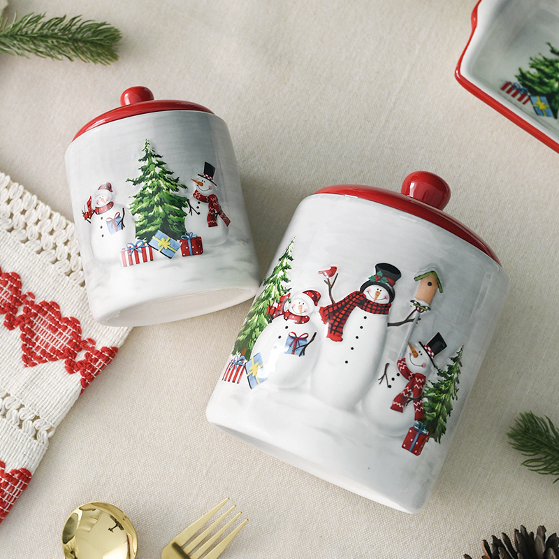 Nórdico de Navidad muñeco de nieve redondo sellado tarro grande de cerámica tarro de merienda creativo regalo de Navidad tarro de almacenamiento