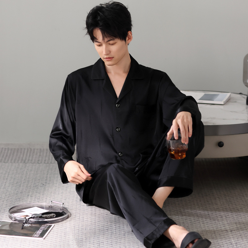 Ice Silk Pajamas for Men, Long-Sleeved, Spring and Autumn, Satin Imitation Silk, High-End Jacquard, Black Ice Silk Loungewear