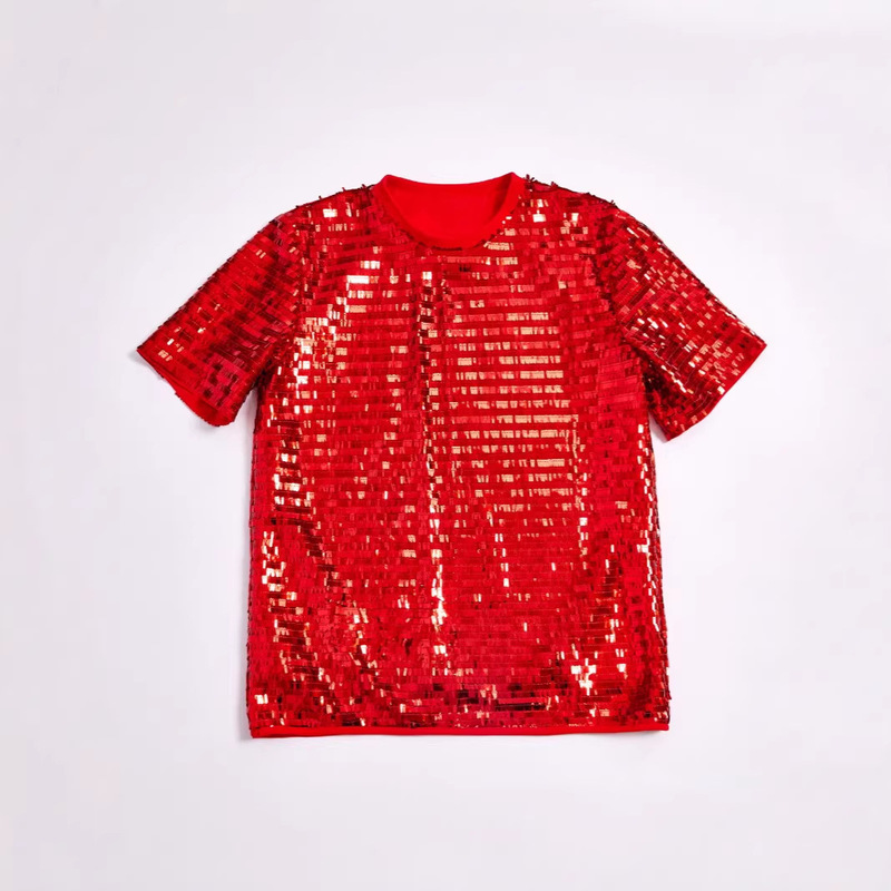 Women's 2025 Summer New Blade Sequin Trendy Fashion Personality Loose Performance Clothing Youth Round Neck T-Shirt