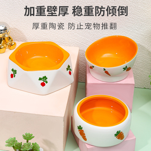 Cross-border new ceramic pet bowls Heightened and tilted rabbit bowls Cute cartoon carrot and rabbit food bowls wholesale