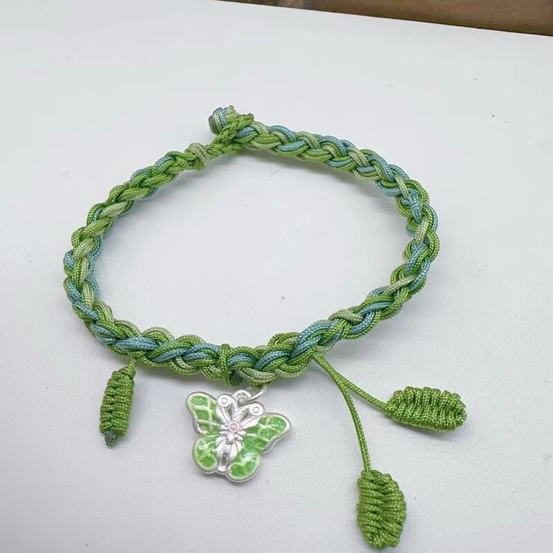 999 Sterling Silver Painted Butterfly Pendant, Gray Friendship Bracelet DIY Hand-Woven Creative Hand-Worn Jewelry Straw Rope