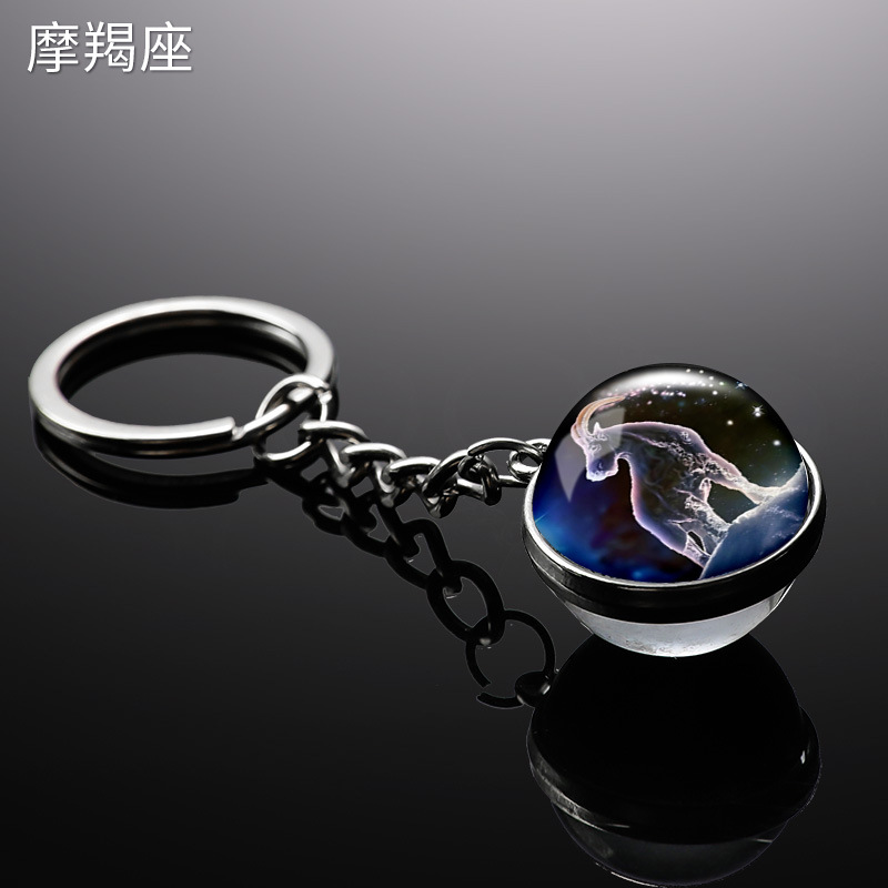 Transfronterizo 12 constelaciones de luz nocturna bolsos colgantes de bolsas de joyas de tiempo doble cara bola de vidrio llavero al por mayor
