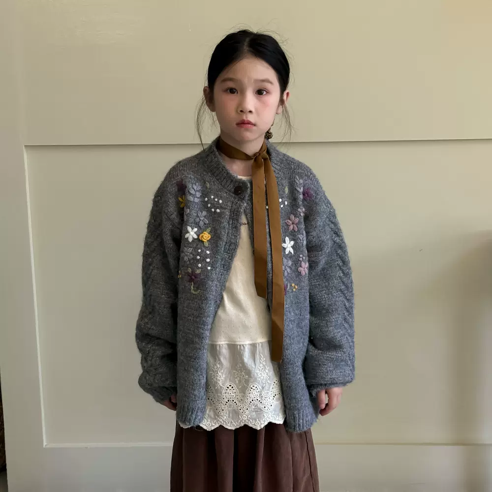 童毛衣2025秋季女宝宝韩版花朵毛线开衫外套儿童针织圆领休闲上衣