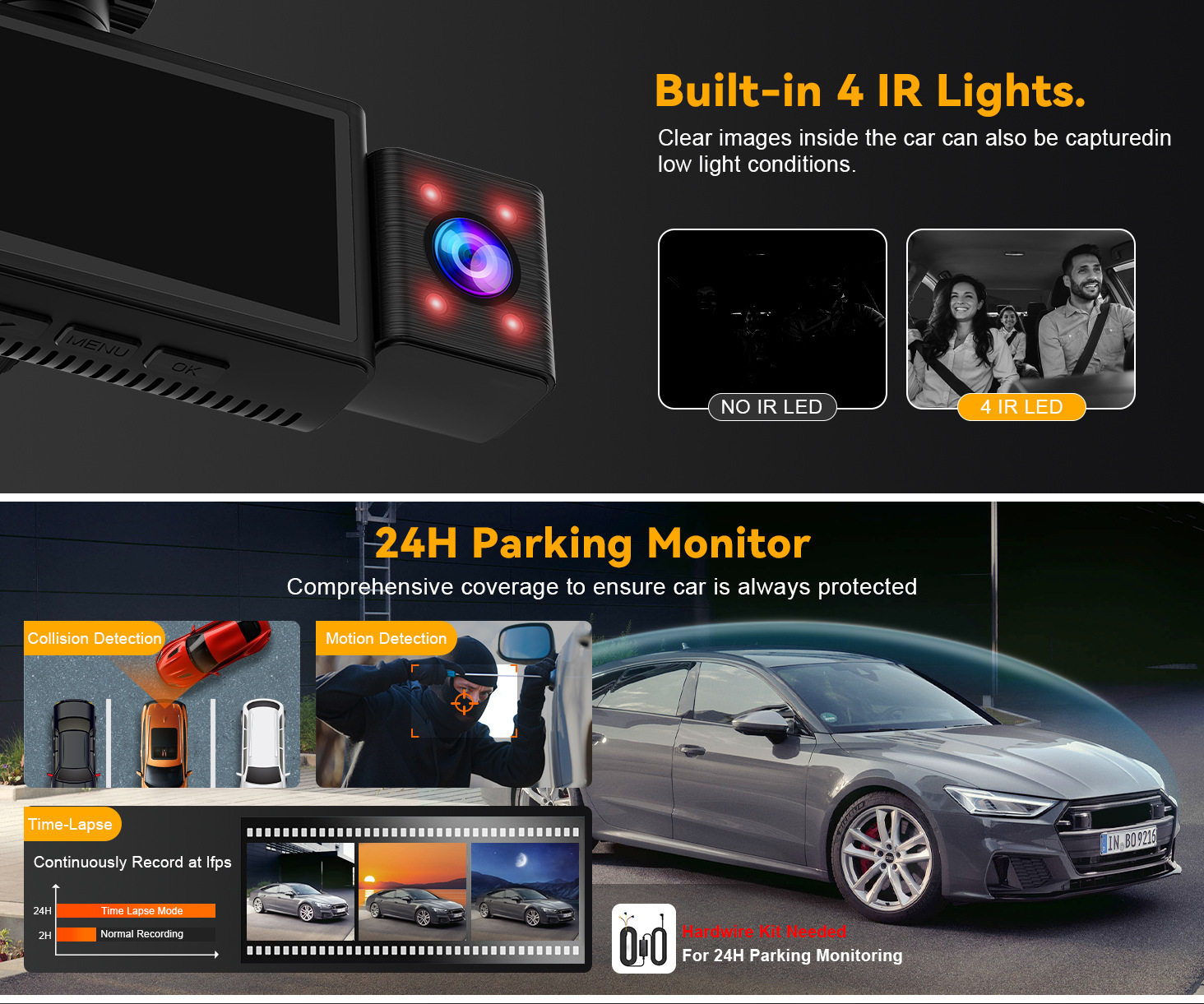 Cross-border 4K triple-camera dashcam with GPS tracking, wide-angle night vision, three-lens WIFI recorder, and reverse camera